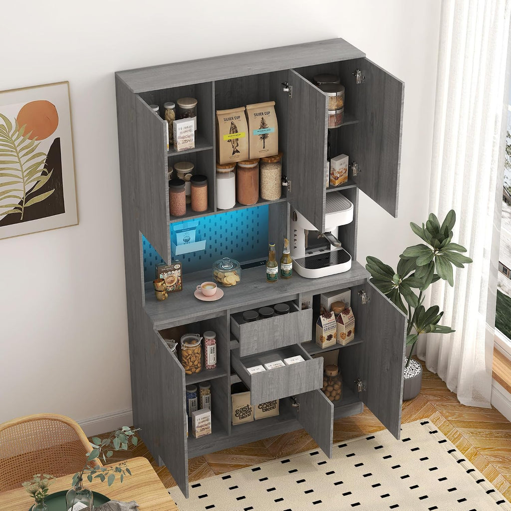 Kitchen Pantry Cabinet with Charging Station,Buffet Cupboards Sideboard with Drawer,with LED Lights,Modern Pantry Cabinet with Microwave Stand for Kitchen,Dinning Room,Living Room,15.74 * 43.66 * 74