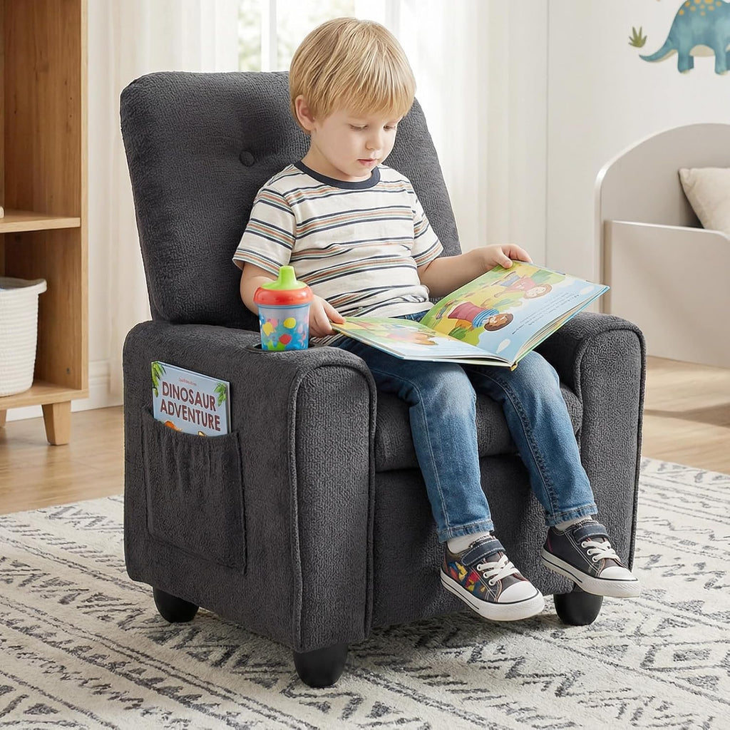 INFANS Kids Recliner, Toddler Lounge Chair with Adjustable Backrest Footrest Cup Holder Side Pockets, Velvet Leather Toddler Couch