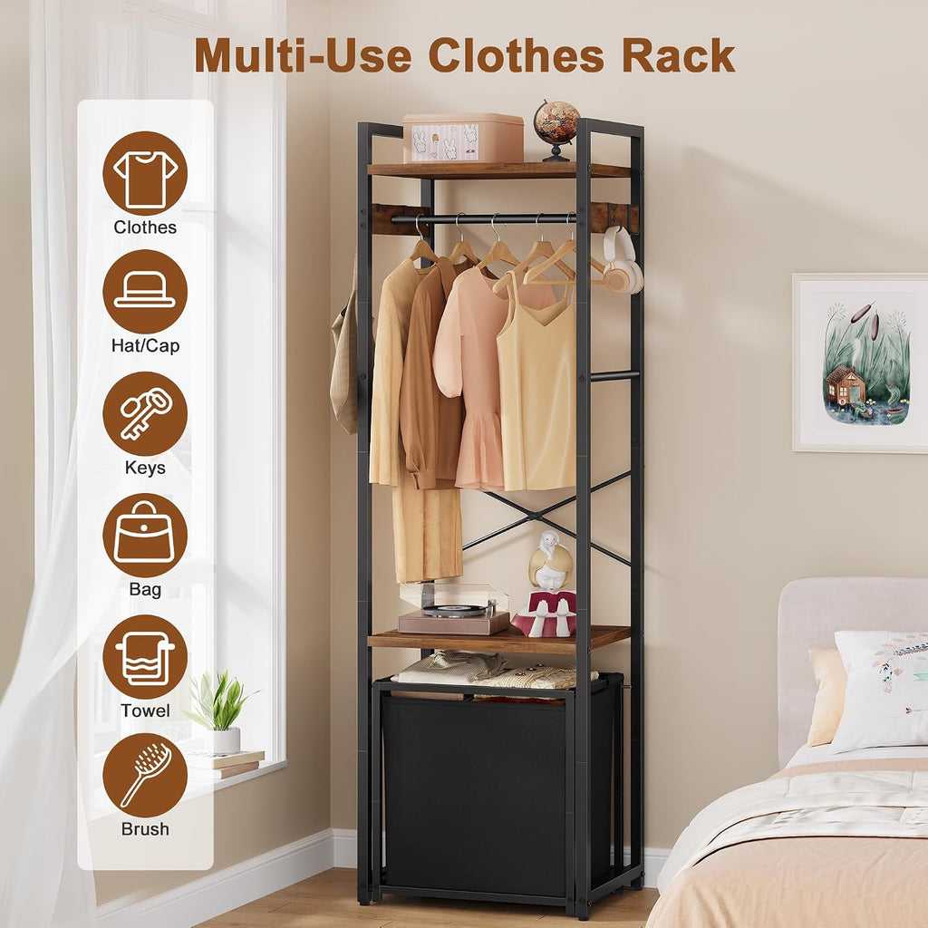 Space-Saving Coat Rack with Tilt Out Laundry Basket, Clothes Garment Rack with Shelves, X-Shaped Sturdy Structure Freestanding Hall Tree Laundry Hamper for Bedroom Laundry Room Bathroom, Brown