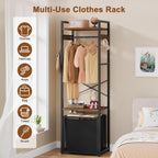 Space-Saving Coat Rack with Tilt Out Laundry Basket, Clothes Garment Rack with Shelves, X-Shaped Sturdy Structure Freestanding Hall Tree Laundry Hamper for Bedroom Laundry Room Bathroom, Brown