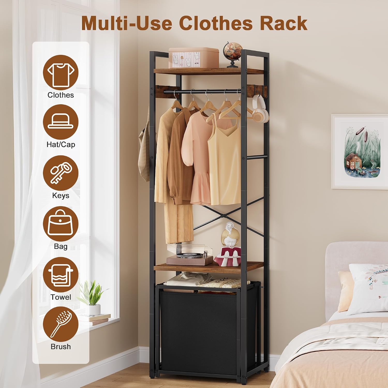Space-Saving Coat Rack with Tilt Out Laundry Basket, Clothes Garment Rack with Shelves, X-Shaped Sturdy Structure Freestanding Hall Tree Laundry Hamper for Bedroom Laundry Room Bathroom, Brown