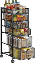 6-Tier Rolling Cart with 5 Drawers & Top Basket, Snack Cart with Wheels | Metal Utility Storage Cart - Fruit Vegetable Rack on Wheels, Kitchen Organization for Cans, Spices, Craft, Art, Beauty