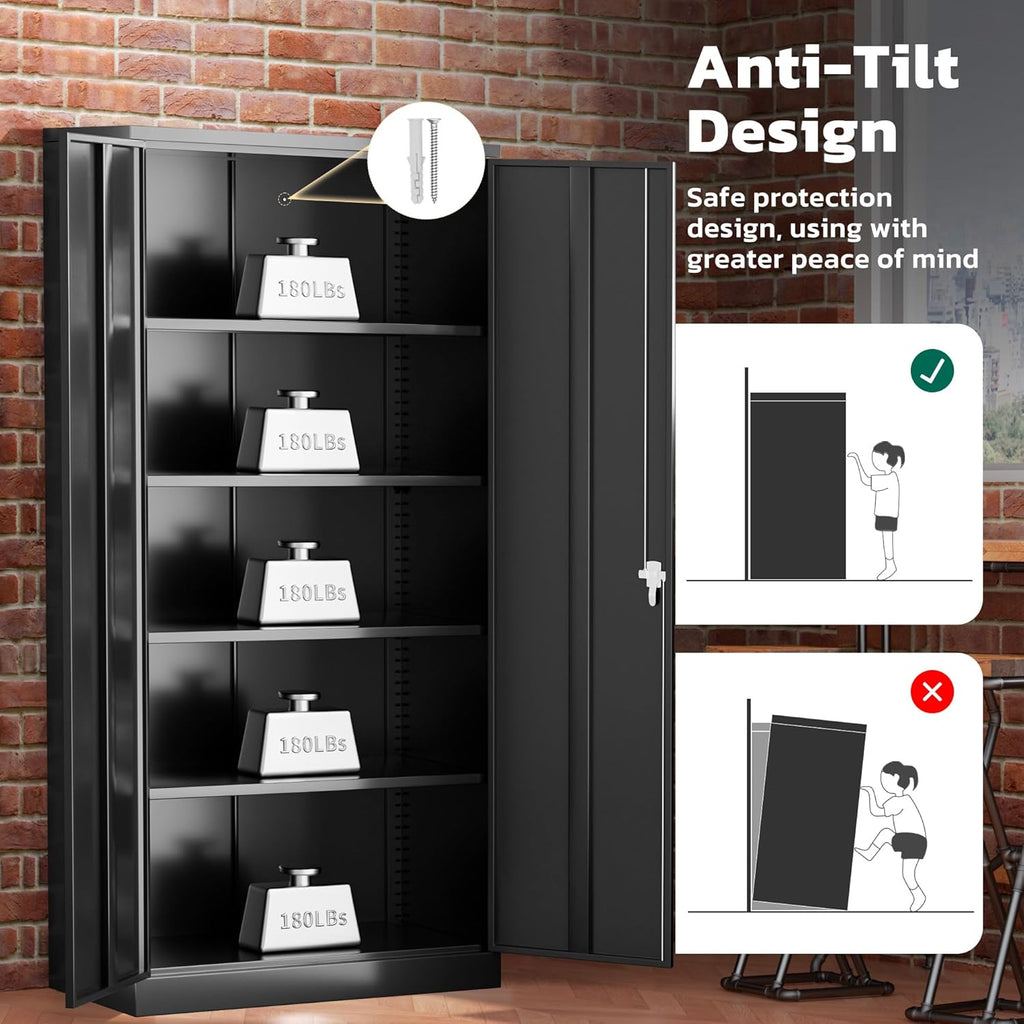 Greenvelly 72" H Metal Storage Cabinet, 36" W x 18" D Black Metal Cabinet with 2 Doors and 4 Adjustable Shelves,Locking Cabinets for Office, Home, Garage, School