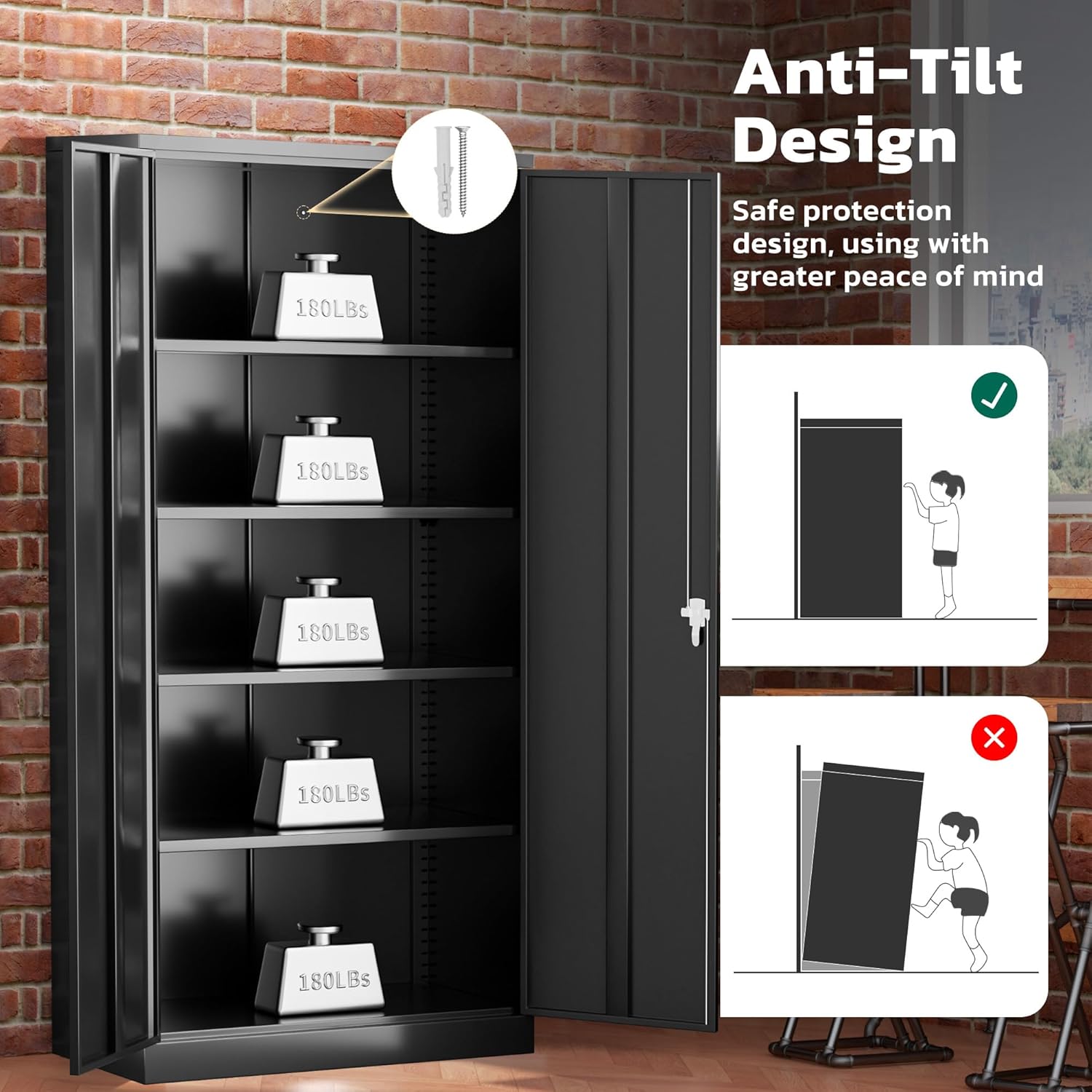 Greenvelly 72" H Metal Storage Cabinet, 36" W x 18" D Black Metal Cabinet with 2 Doors and 4 Adjustable Shelves,Locking Cabinets for Office, Home, Garage, School