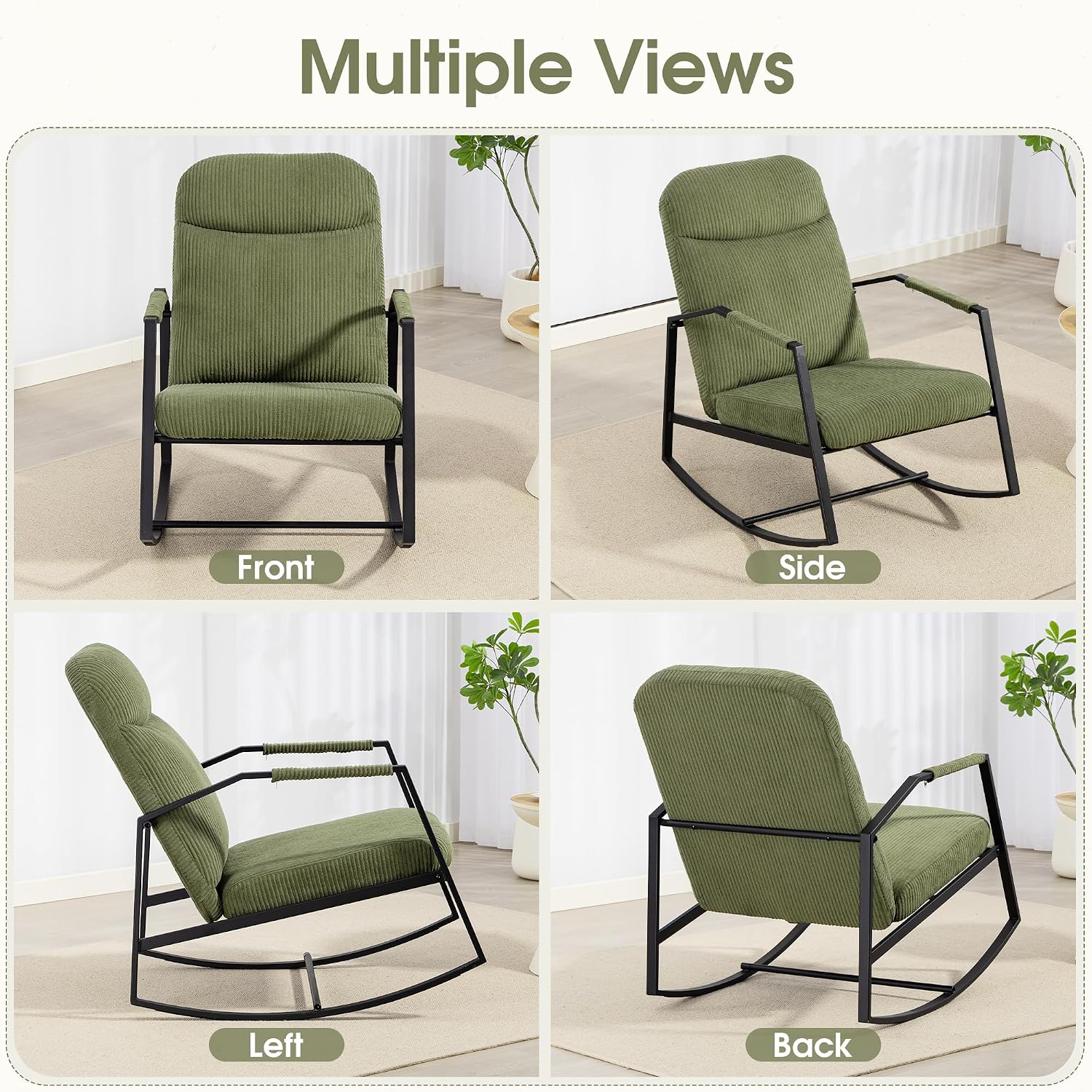 HOMEFUN Nursery Rocking Chair,Patio Rocking Chair,Upholstered Glider Rocker with Padded Seat and High Backrest Safe and Comfy Armchair for Living Room Office,Front Porch, Garden, Patio, Backyard Green