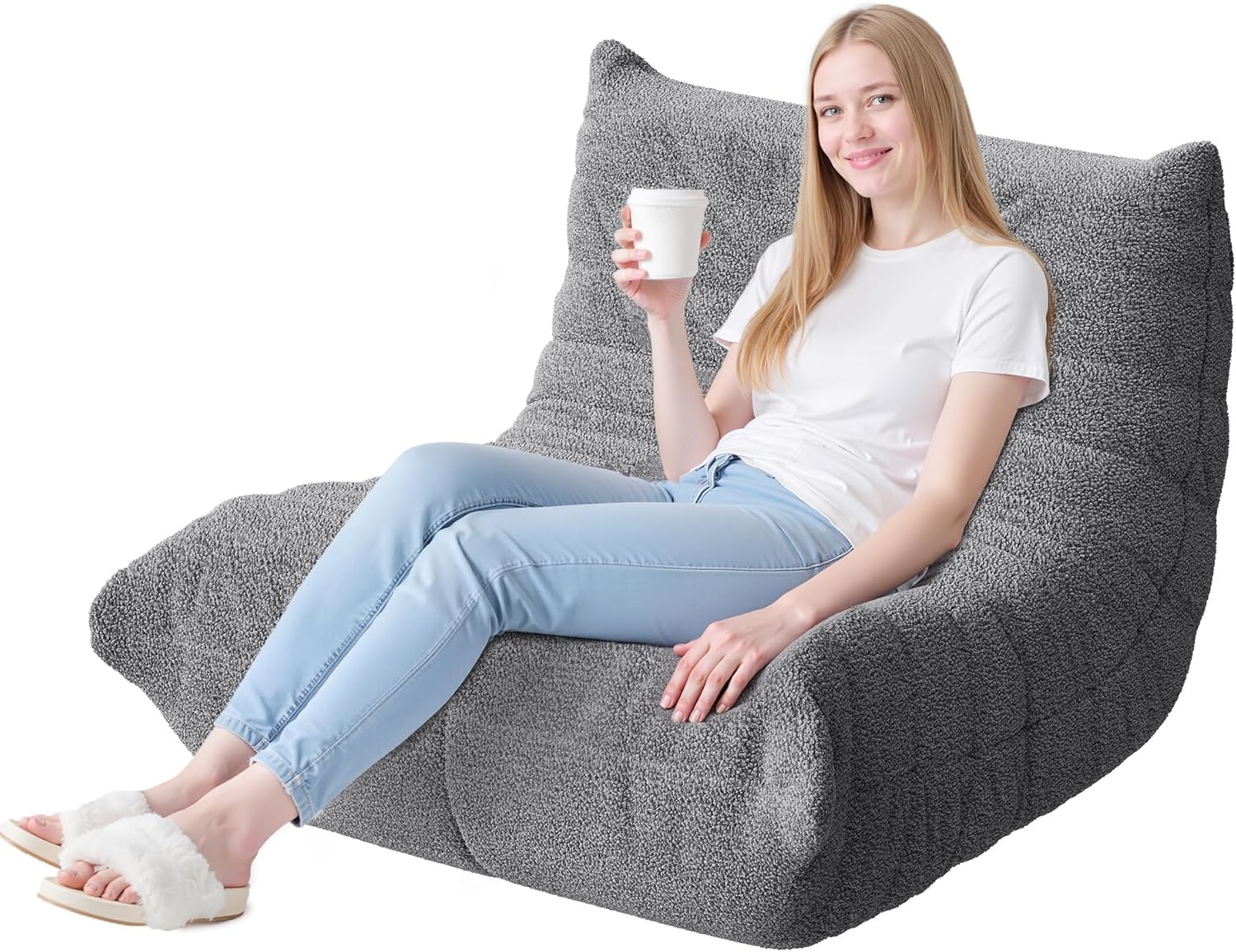 WLIVE Bean Bag Chair for Adults, Teddy Fleece Togo Chair, Giant, Memory Foam, for Living Room and Bedroom, Single, Grey