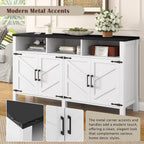 59'' Modern 4-Door Sideboard Buffet with Power Outlets & USB Ports,Adjustable Shelves and Half-Open Storage Cabinet,Metal Accents & Aluminum Handles for Living Room,Dining Room,Entryway (White+Black)