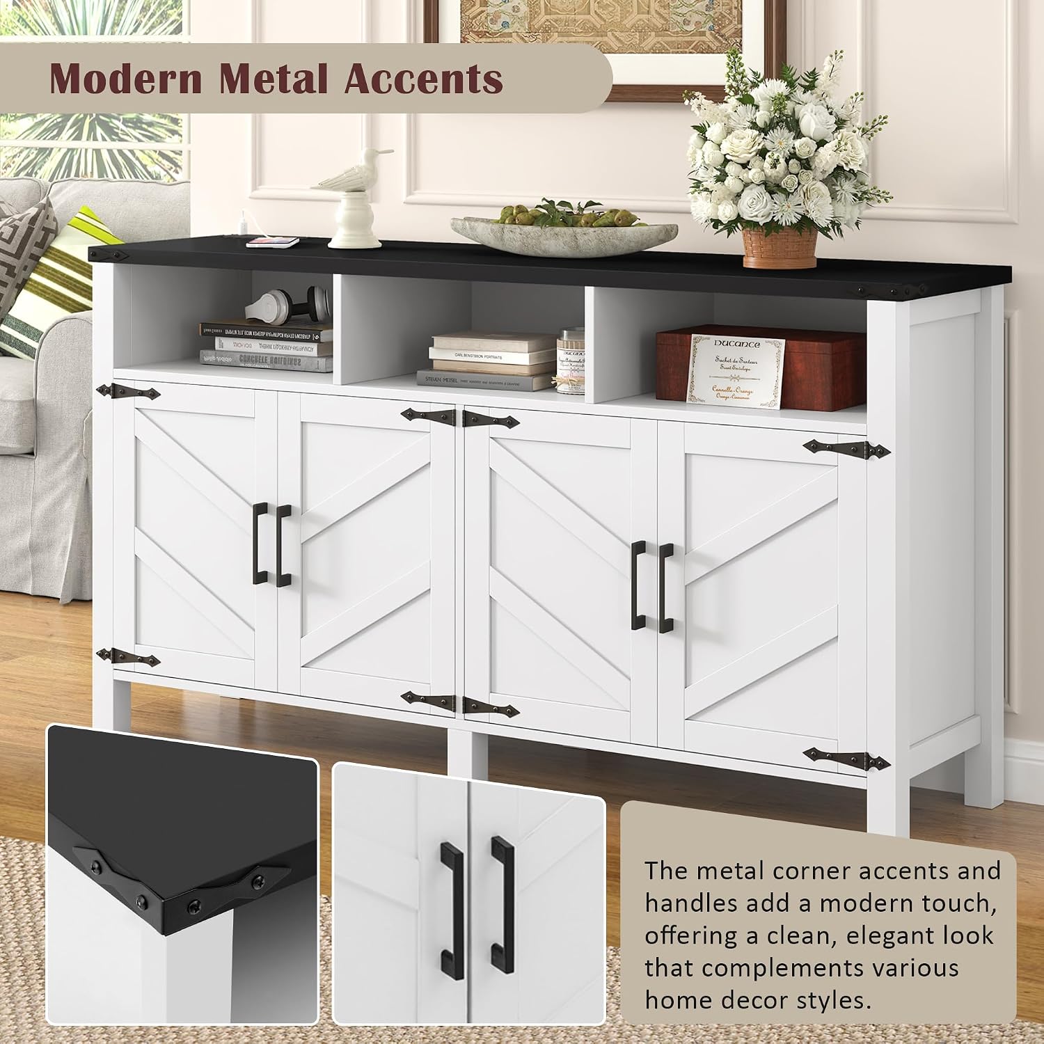 59'' Modern 4-Door Sideboard Buffet with Power Outlets & USB Ports,Adjustable Shelves and Half-Open Storage Cabinet,Metal Accents & Aluminum Handles for Living Room,Dining Room,Entryway (White+Black)