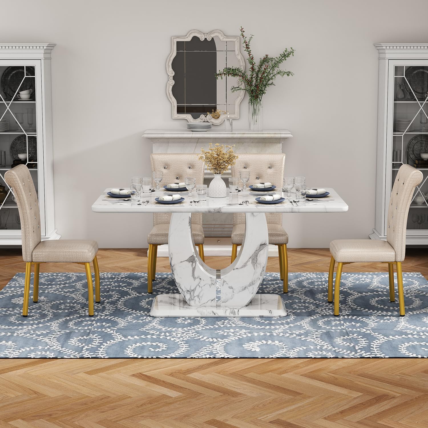 Modern Faux Marble Dining Table Set for 4, 63" White Rectangular Kitchen Table with Elegant U-Shaped Pedestal Base & 4 Tufted Upholstered High-Back Chairs, Luxury 7-Piece Dining Room Furniture Set