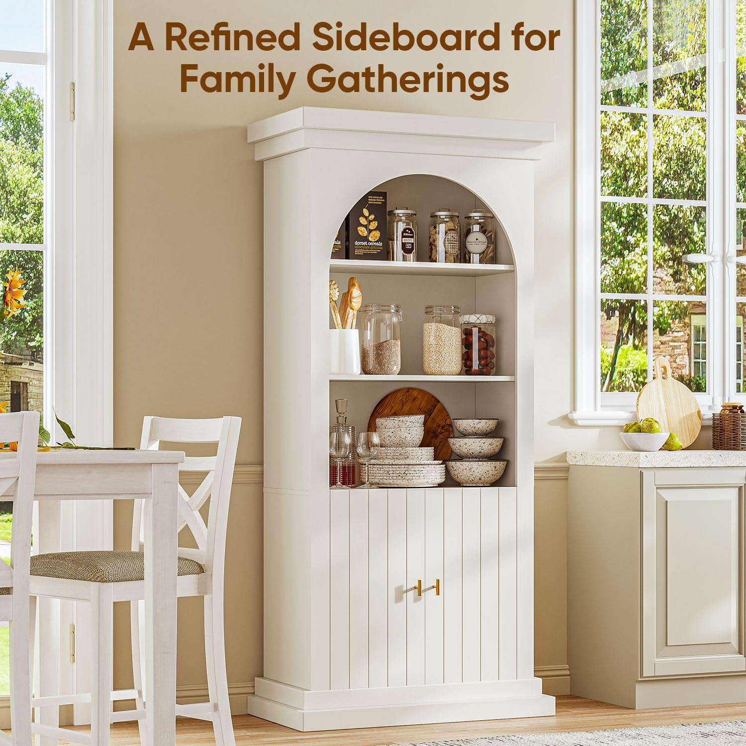 71" Arched Kitchen Pantry Cabinet, Tall Half Open Storage Cabinet with Drawers, Modern Display Hutch for Dining Room, Living Room, White with Gold Handles, 2 of Set
