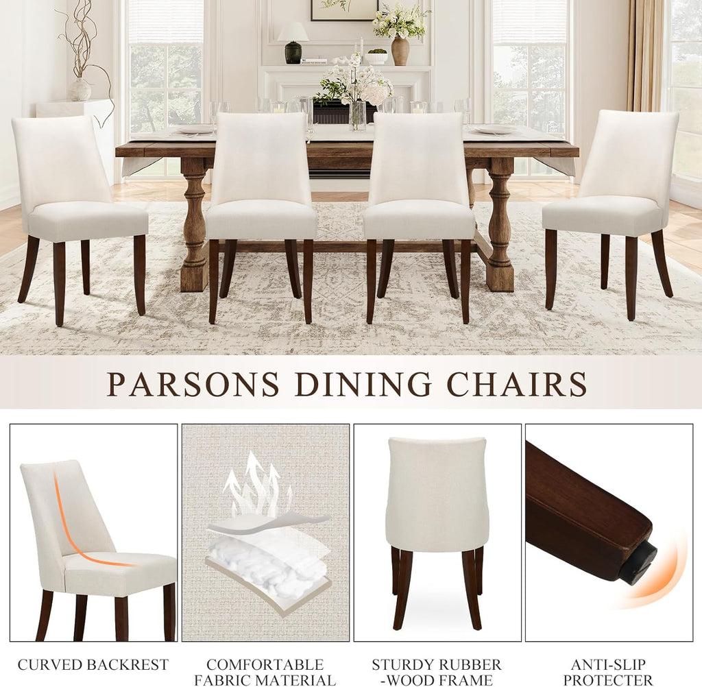 COLAMY Upholstered Dining Chairs Set of 4, Mid Century Modern Kitchen Chairs with Back, Farmhouse Fabric Side Dining Room Chairs with Wood Legs for Dining Room Restaurant, Beige