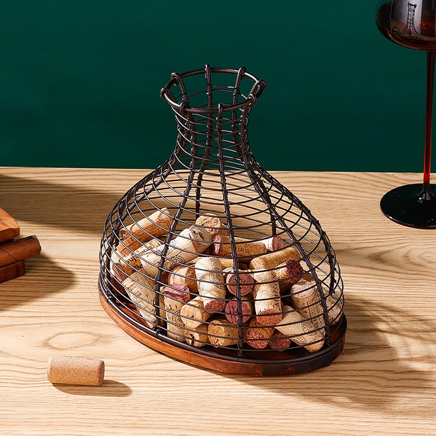 Wine Cork Holder Decorative Wine Stopper Container Wine Cork Storage with Wooden Bottom Cork Collector Basket Kitchen Decor for Wine Lover Gift (Rustic Bronze)