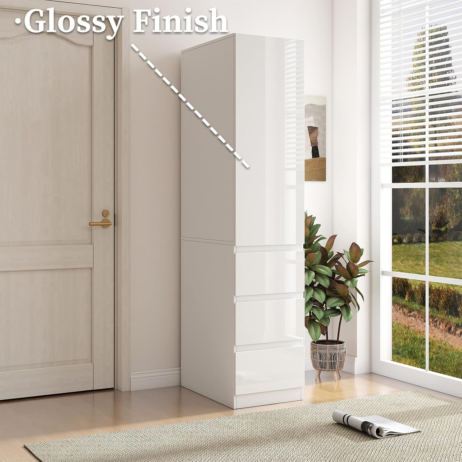 JOYSOURCE Narrow 24'' Deep Kitchen Pantry Storage Cabinet with Doors, Shelves, Drawers Tall Cupboard for Food Glossy White (Left-Hinged)