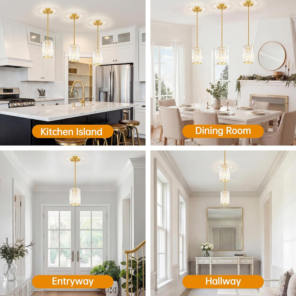 Gold Pendant Light, Modern Crystal Pendant Lights Kitchen Island, Kitchen Island Lighting with Adjustable Height, UL Certified Island Lights for Kitchen Dining Room Bedroom Hallway 3 Pack