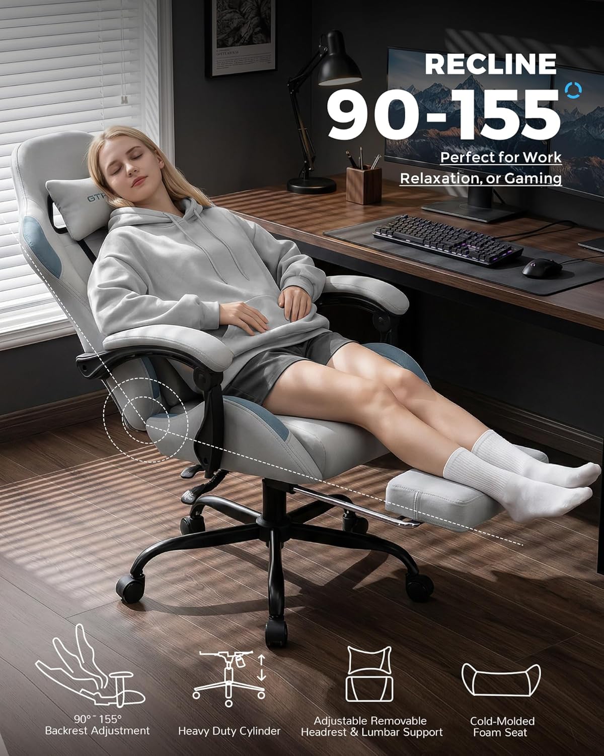 GTPLAYER Gaming Chair Fabric with Pocket Spring Cushion,Computer Office Chair with Lumbar Support for Adults Linkage Armrests and Footrest Ergonomic Gamings Chairs Height Adjustable Gray