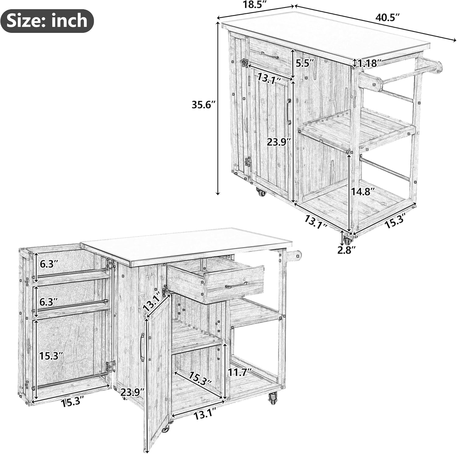 40 Natural Fir Wood Garden Table for Planting, Planter Bench with Stainless Top, Outdoor Storage Cabinets with Lockable Wheels for Backyard Gardening, Dark Brown
