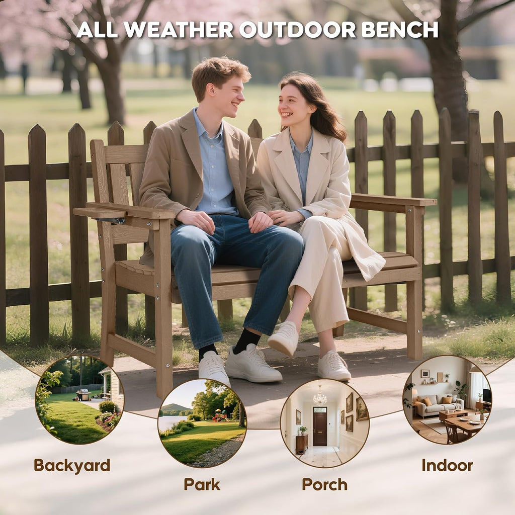 2-Person HIPS Outdoor Benches, Weatherproof Garden Bench with 800 lbs Weight Capacity, Artificial Wood Grains, Never Rot or Fade, Patio Benches for Garden, Porch, Balcony, Backyard,Park, Brown, 1 Pack