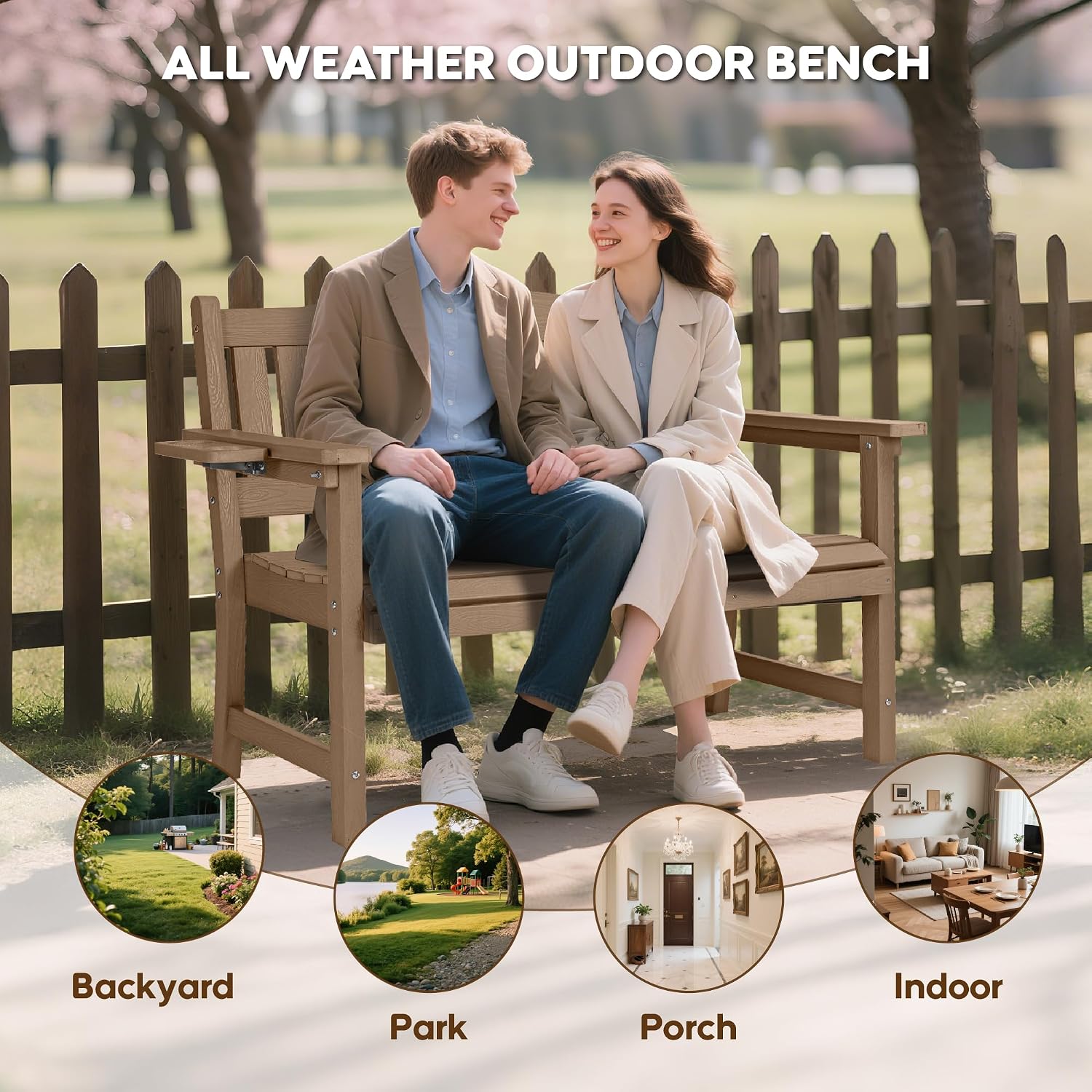 2-Person HIPS Outdoor Benches, Weatherproof Garden Bench with 800 lbs Weight Capacity, Artificial Wood Grains, Never Rot or Fade, Patio Benches for Garden, Porch, Balcony, Backyard,Park, Brown, 1 Pack