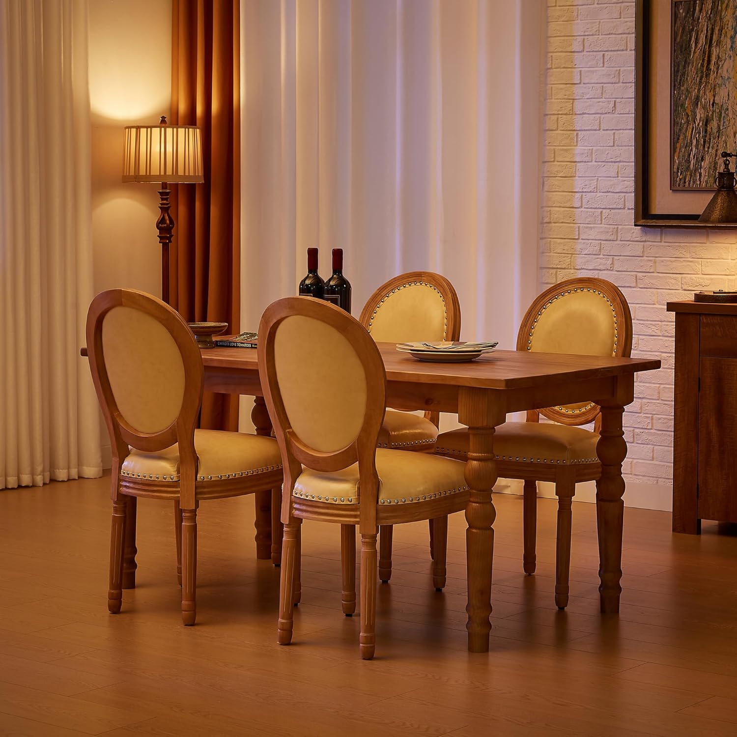 Leather Dining Chairs Set of 4 French Country Dining Chairs with Round Back, Farmhouse Upholstered Dining Accent Chairs with Nailhead Trim, Mid Century Modern (Beige)