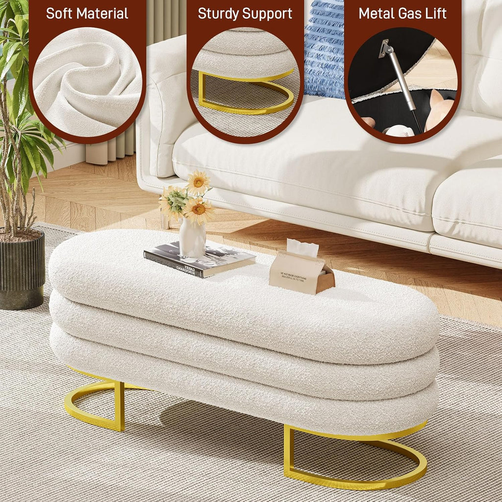Halitaa 48.82" Storage Ottoman Bench, Large Oval Ottoman with Padded Blanket and Chest Aesthetic Upholstered Fabric Storage Bench Shoe Seat with Golden Metal Leg for Bedroom, Entryway, Living Room