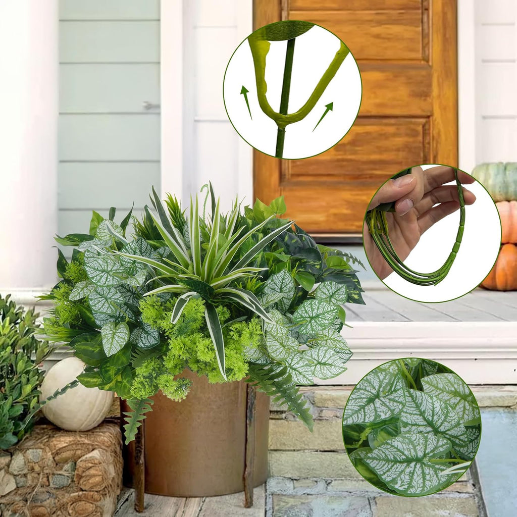 18 Bundles Artificial Greenery for Outdoors, Artificial Outdoor Plants UV Resistant Fake Spider Fern Coleus Plant Faux Bushes Leaves for Outside Window Box Patio Garden Front Porch Yard Summer Decor