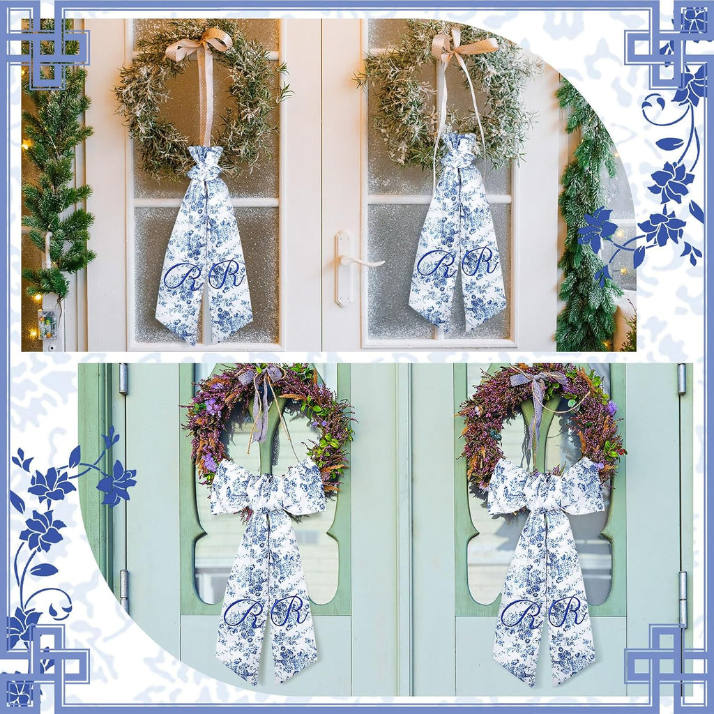 Mindsoft 2 Pcs Monogram Wreath Sashes for Front Door Letter R Embroidery Chinoiserie Wreath Sash 56.2 Inch Blue and White Door Decorations for Porch Yard Bridal Shower Housewarming Gift