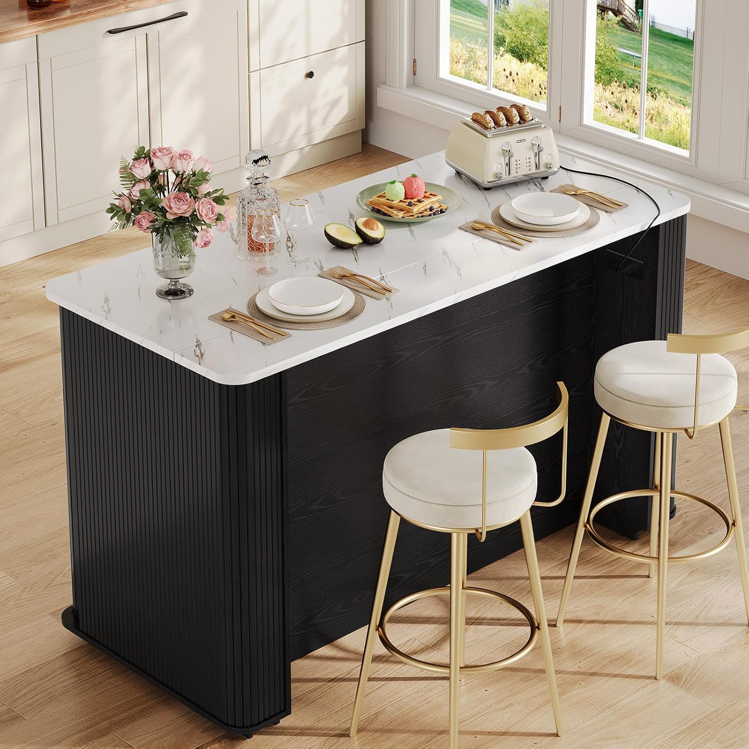 ONBRILL 60" Stationary Kitchen Island with Storage, Fluted Island Table w/Faux Marble Worktop, Sliding Door, Adjustable Shelves, Open Shelves, Mid Century Modern Coffee Bar Station with Drawer, Black