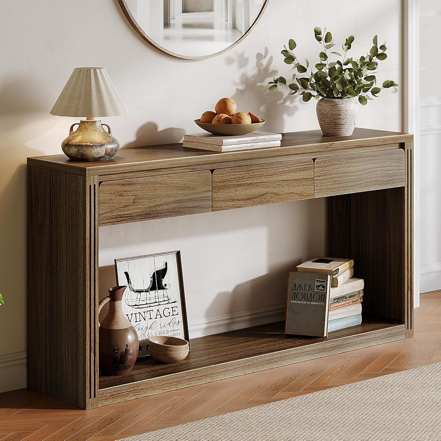 Treocho 63.9" Farmhouse Console Tables for Entryway, Long Sofa Table with Drawers, Narrow Behind Couch Table for Living Room, Hallway, and Entrance, Light Walnut