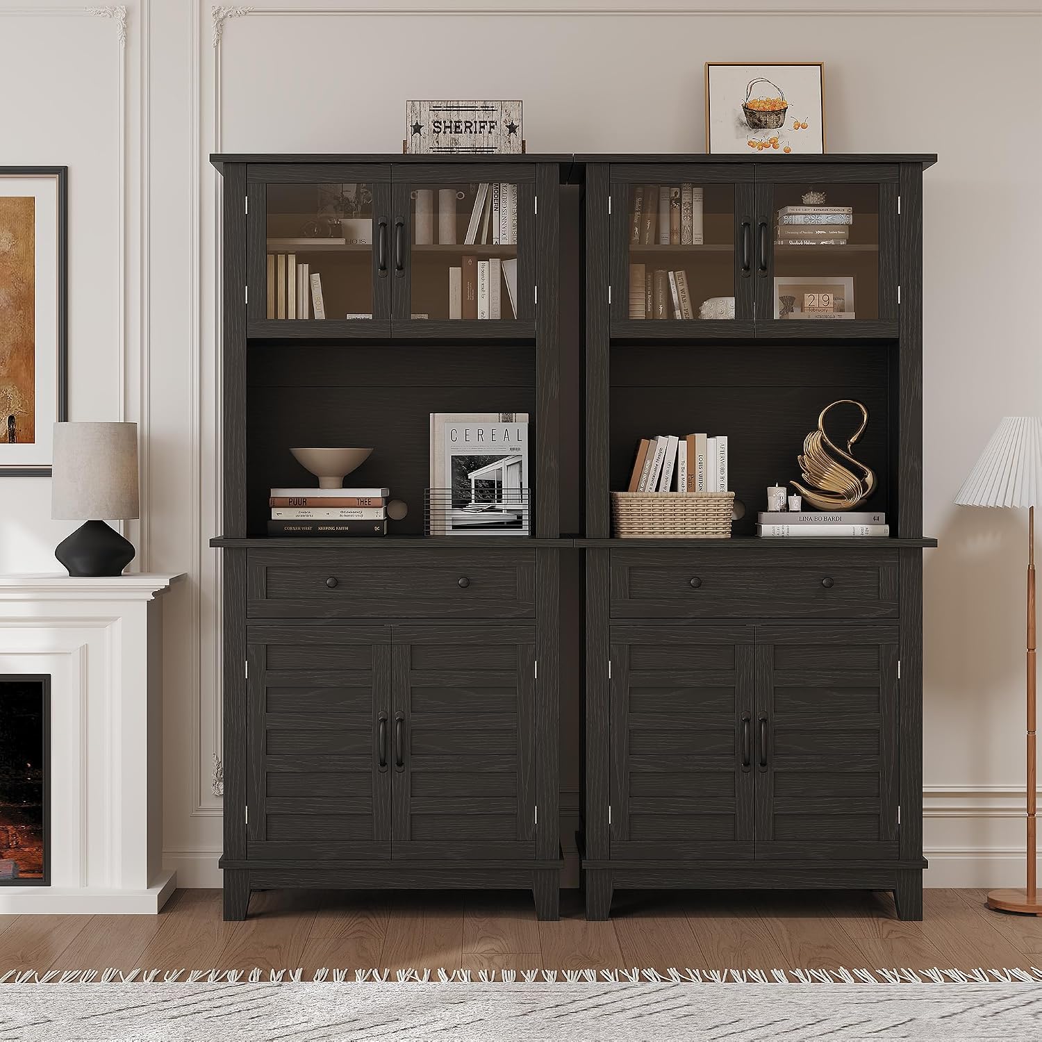 GAOMON 72“ Tall Pantry Cabinet with Drawer, 32” Wide Kitchen Pantry Storage Cabinet with Countertop, Large Kitchen Hutch with Storage Drawers and Doors for Dining Room, Living Room, Black