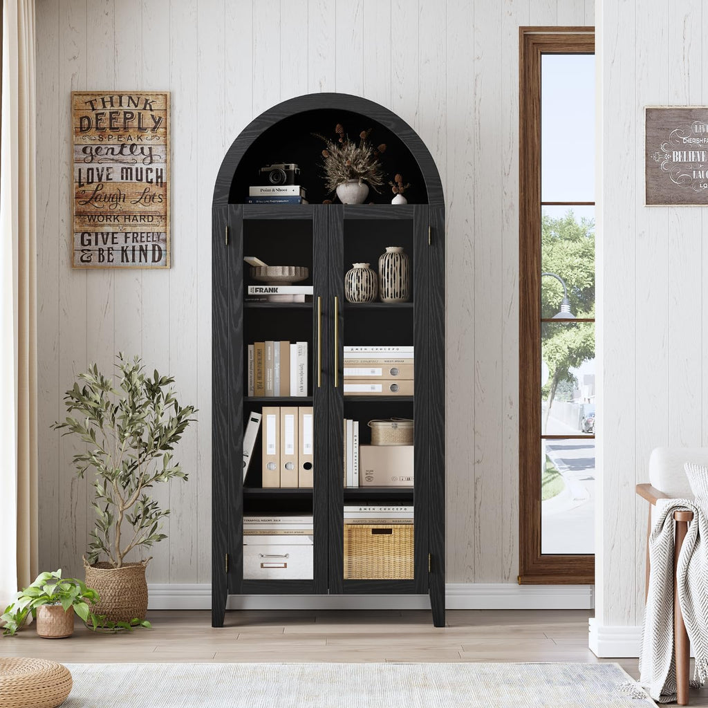IDEALHOUSE Arched Kitchen Pantry Cabinet with Glass Doors, 5-Tier Farmhouse Display Cabinet with Adjustable Shelves, Versatile Storage Cupboard Organizer for Bathroom, Dining Room, Living Room, Black
