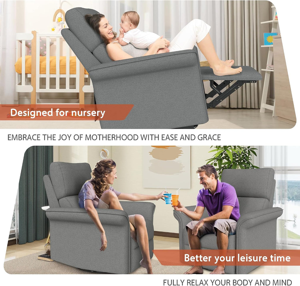 Rocker Chair, Nursery, Dark Gray Fabric Chair, 270 Degree Glider Rocking Chair with 150 Degree Recline, Wide Arms for Living Room Bedroom