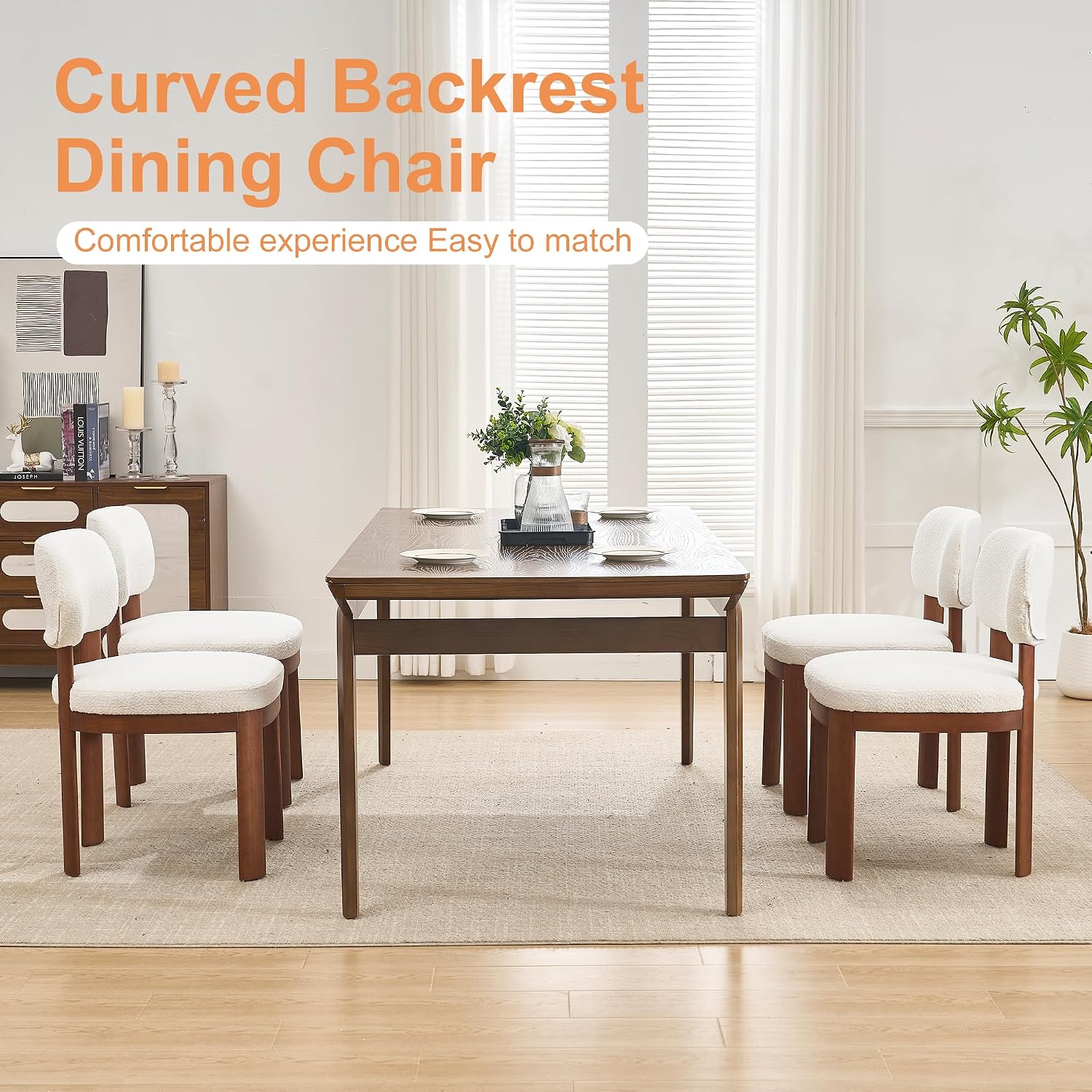 Dining Chairs Set of 2, Teddy Teddy Upholstered Kitchen Chairs with Curved Backrest and Solid Wood Legs, Farmhouse Side Chairs for Restaurant Cafe Living Room (White+Brown Legs)