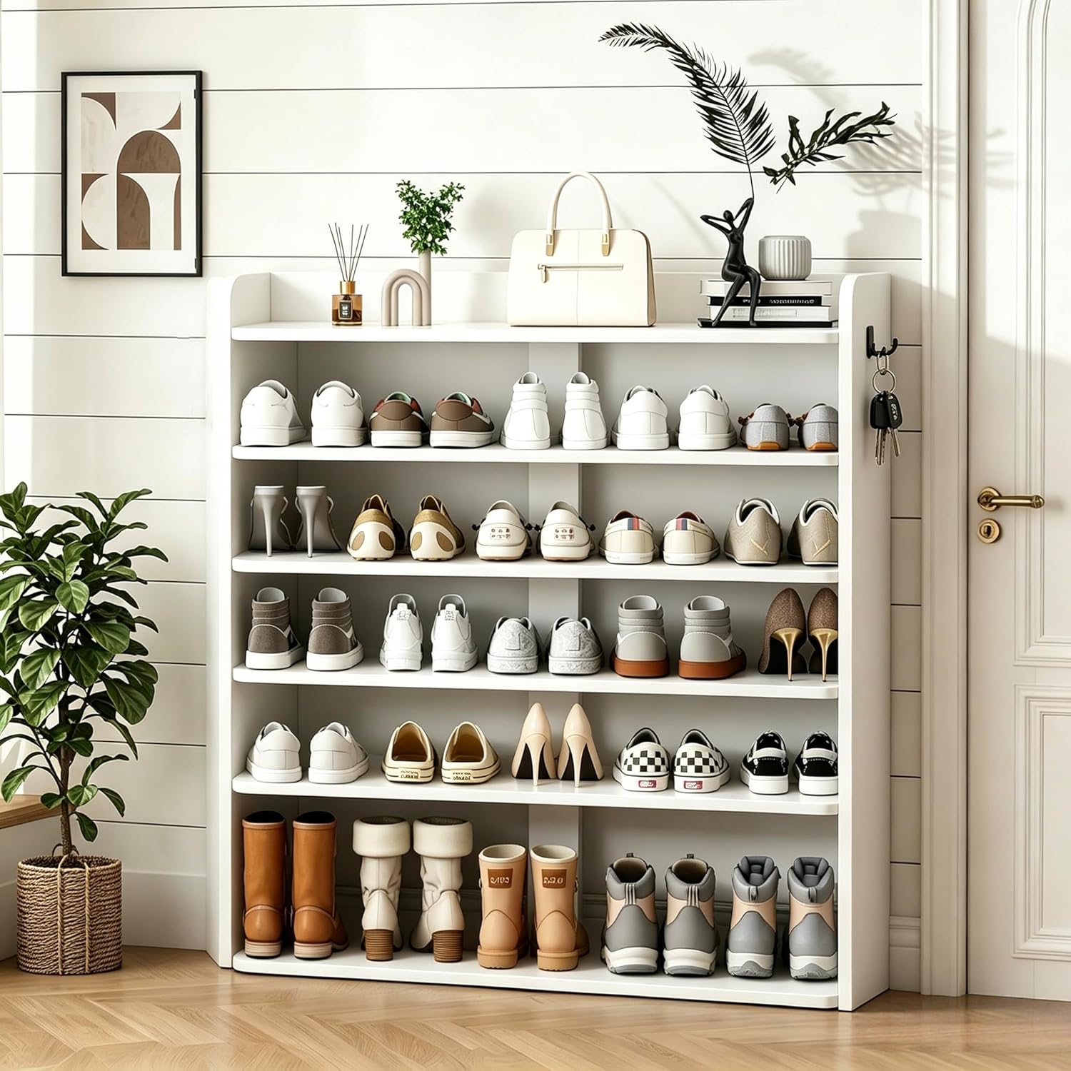 5 Tier Shoe Rack, Wooden Shoe Storage Cabinet, Large Capacity Tall Shoe Shelf Free Standing Shoe Rack Organizer for Closet Entryway Garage Bedroom, White