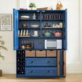 Polibi Farmhouse 71" Large Kitchen Pantry Cabinet with 4 Foldable Doors, Power Outlet, Wine Racks, Serving Trays, Adjustable Shelves & Drawers, for Dining Room Storage, Blue