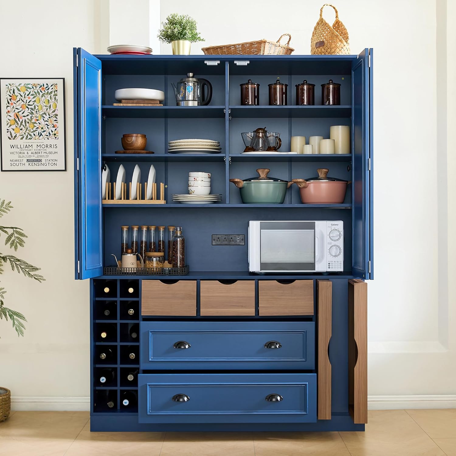 Large Kitchen Pantry Cabinet with 4 Foldable Doors and Storage Shelves, Farmhouse Freestanding Cupboard with Wine Racks, Power Outlet and Serving Trays (Blue)