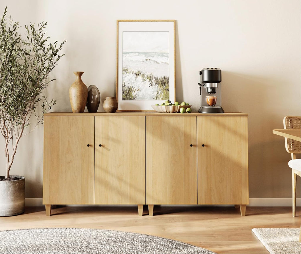 WAMPAT 71" Wide Wood Sideboard Buffet Table with 4 Doors – Large Oak Credenza Storage Cabinet for Dining Room, 2-in-1 Modern Coffee Bar with 6 Compartments for Living Room & Hallway