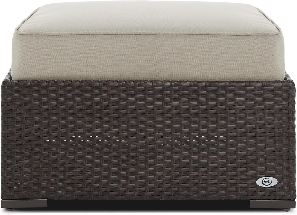 Serta Laguna Brown Wicker Outdoor Patio Ottoman with Beige Cushion for Deck, Porch, Backyard or Patio Seating