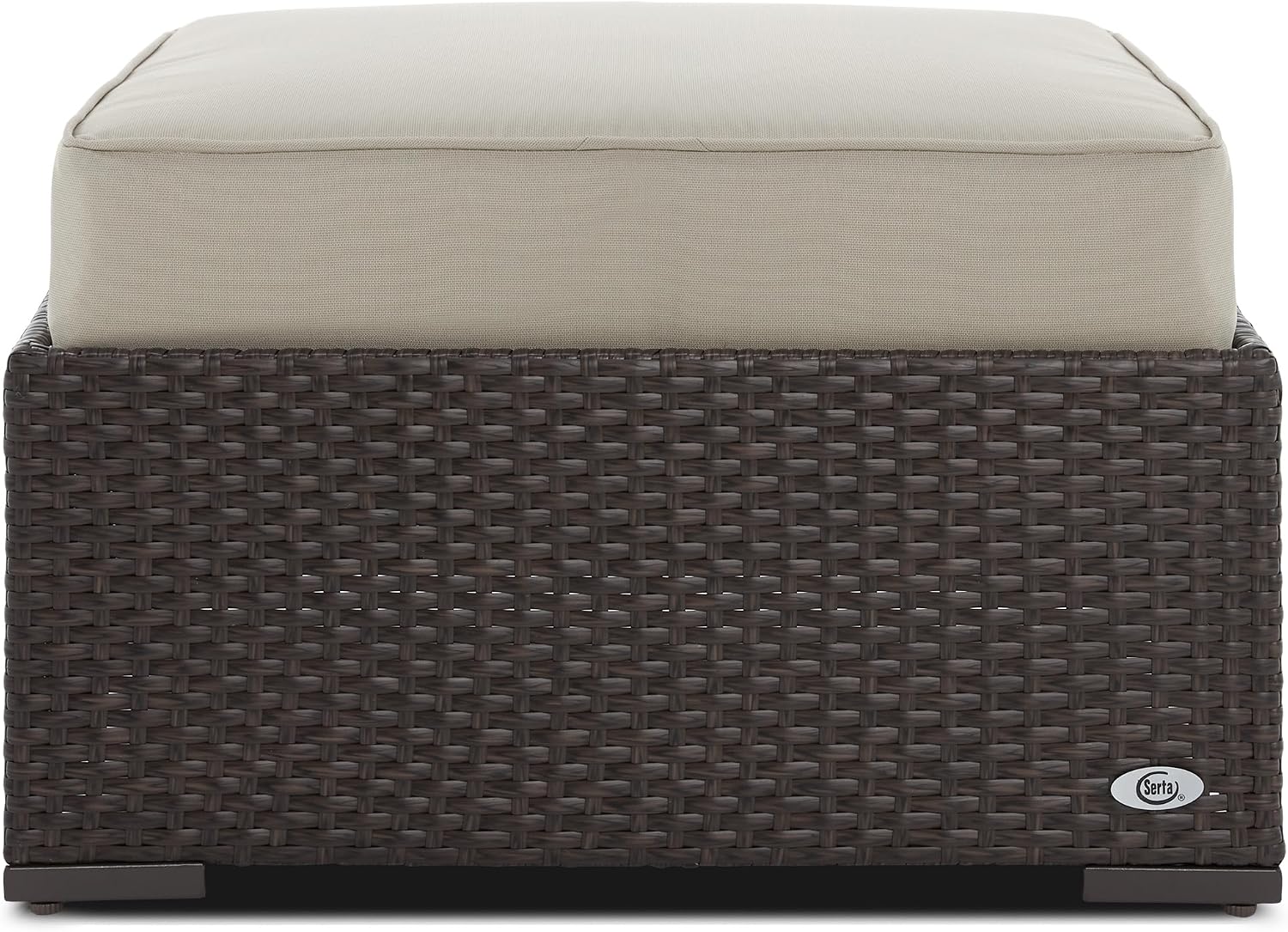 Serta Laguna Brown Wicker Outdoor Patio Ottoman with Beige Cushion for Deck, Porch, Backyard or Patio Seating