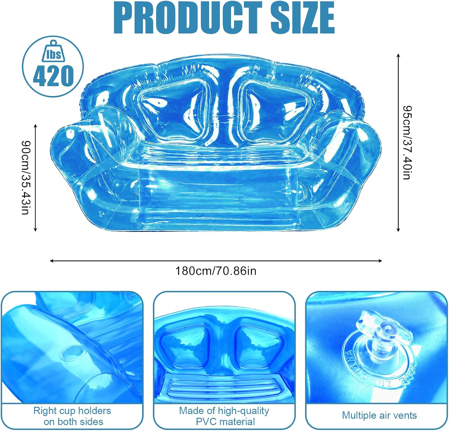 Double Seat Inflatable Couch Blow Up Couch for Camping, Outdoor Transparent Inflatable Sofa, Folding Portable Air Couches, Beach Blow Up Lounger Furniture for Adults Indoor Use for Movie Night Blue