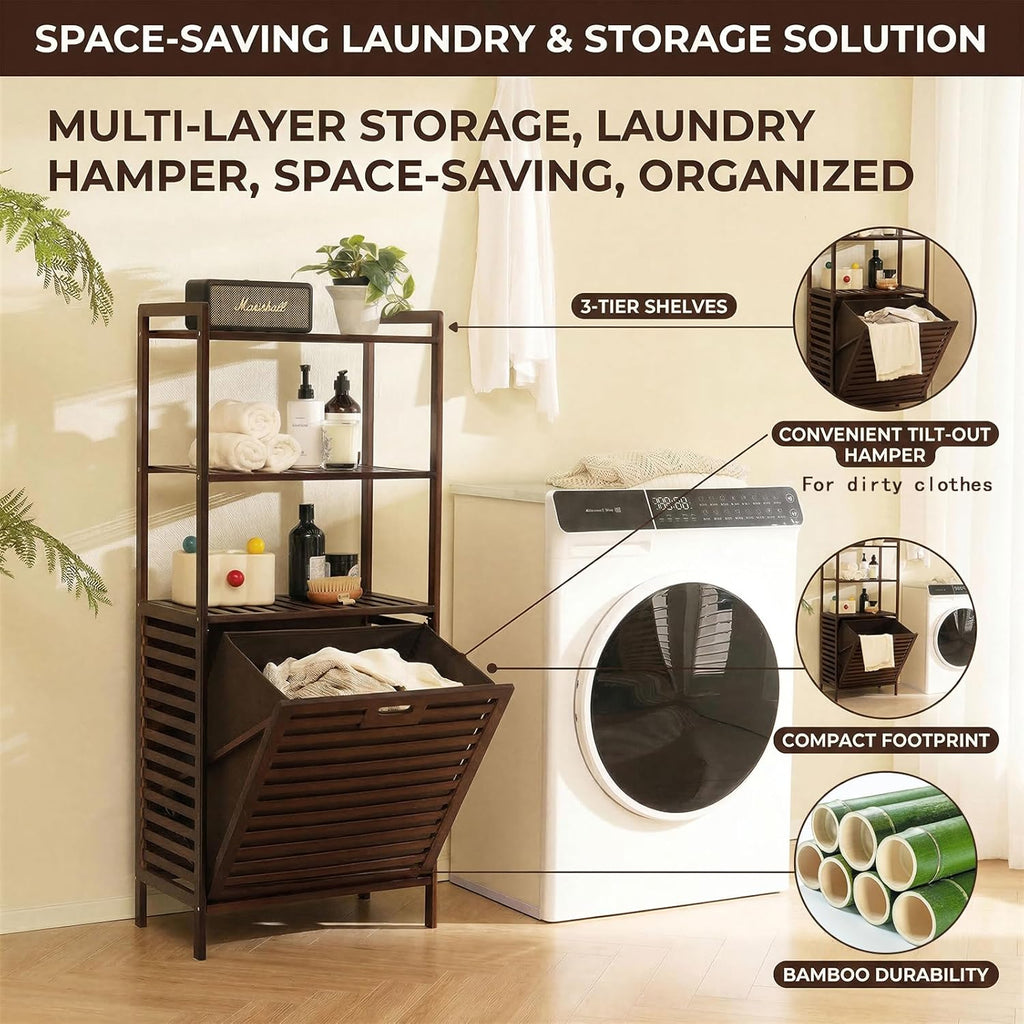 Baveke Bamboo Laundry Hamper with 3 Tier Shelves, Tilt Out Laundry Basket with Removable, Bathroom Storage Cabinet for Dirty Clothes, Hidden Corner Laundry Hamper for Bedroom, FSC-Certified, Brown