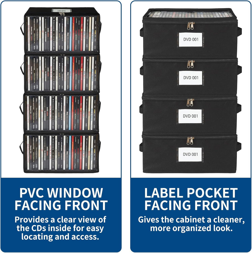 8 Pack Durable Fabric DVD Storage Box with Clear PVC Lid, Holds 25 Standard DVD Cases, Sturdy Non-Woven Fabric with Cardboard Support for Movie Collection, Black