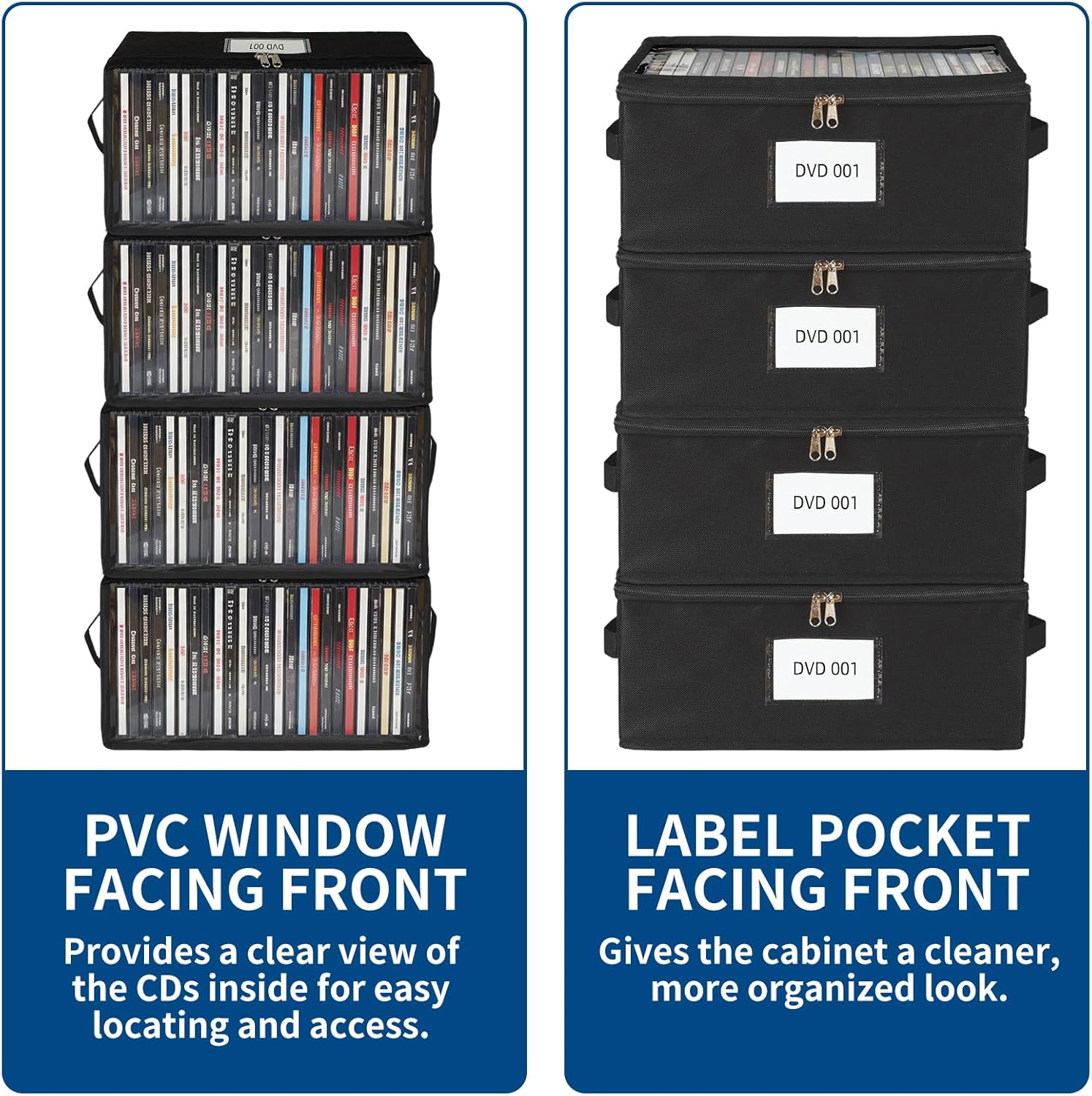 8 Pack Durable Fabric DVD Storage Box with Clear PVC Lid, Holds 25 Standard DVD Cases, Sturdy Non-Woven Fabric with Cardboard Support for Movie Collection, Black