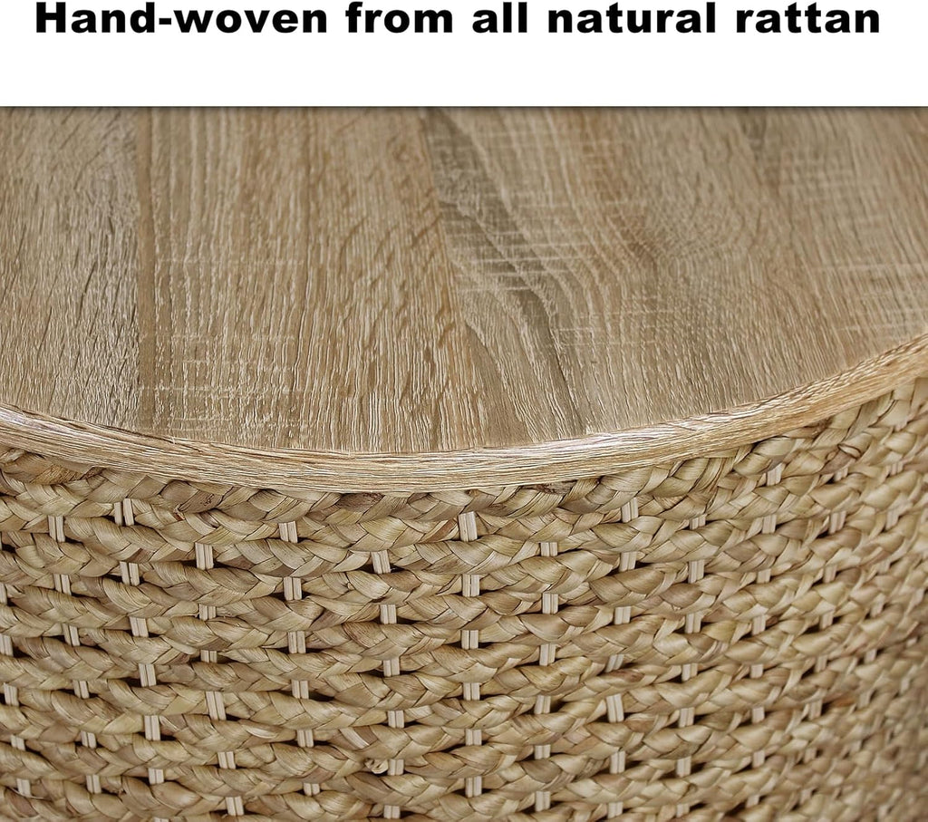 Nesting Coffee Table Set of 2, Rustic Crate and Barrel Coffee Table, Hand-Woven Woven Nesting Tables with Soild Wood Cover for Living Room, Bedroom