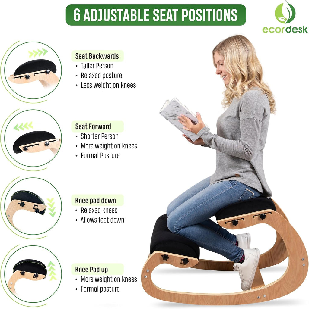 Ergonomic Kneeling Chair, Adjustable Seat - Office Chair for Desk, Posture Corrector, Premium Comfort Cushion, Wooden Rocking Knee Chair (Black)