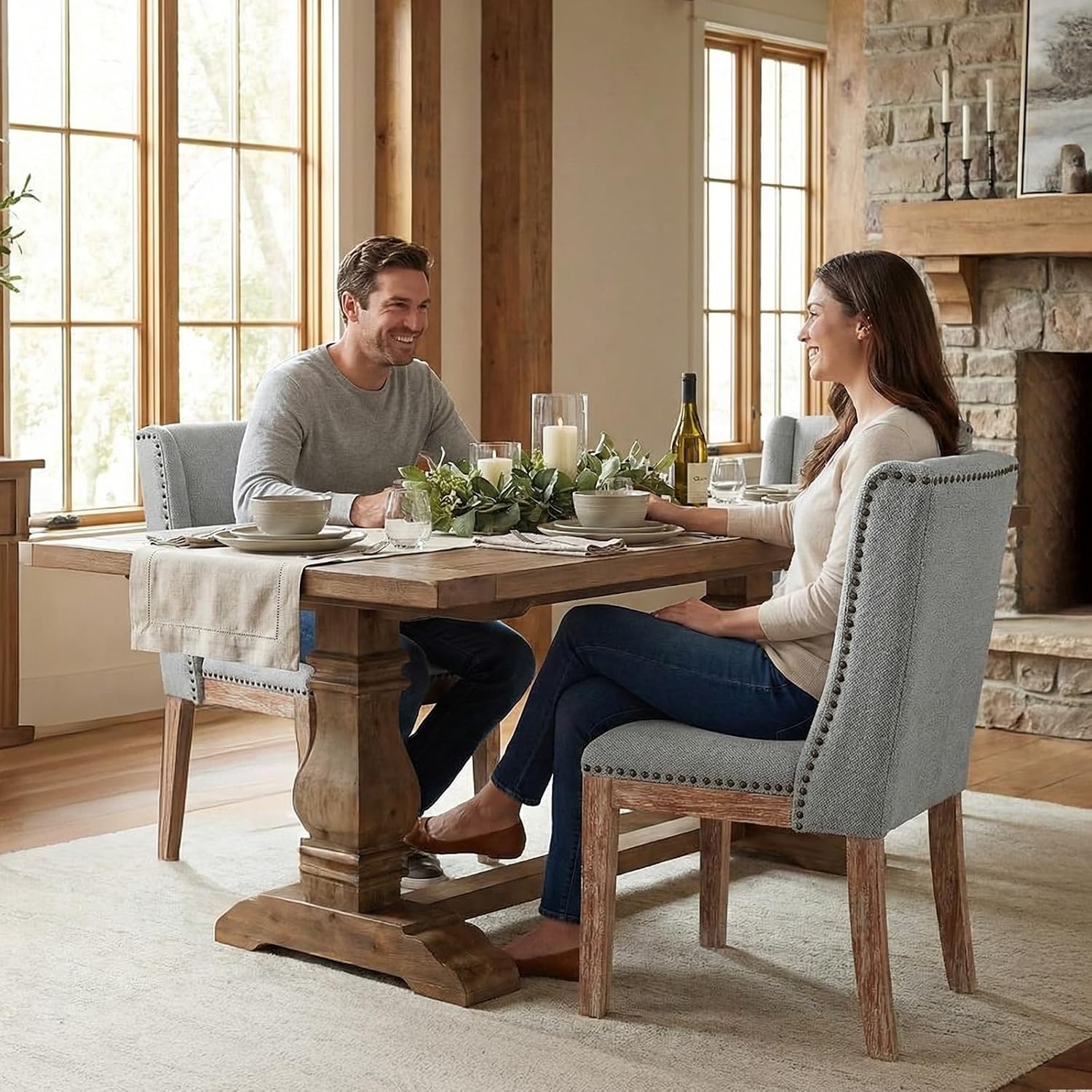MALOL Dining Chair Set of 2, Fabric Upholstered Kitchen Side Chairs with Wooden Legs for Kitchen & Restaurant Use, LightGrey