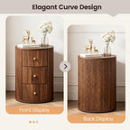 FurSch Fully Assembled Round End Table, Fluted Mid Century Side Table with 3 Storage Drawers for Living Room, Bedroom, Couch (Walnut-2 pcs)