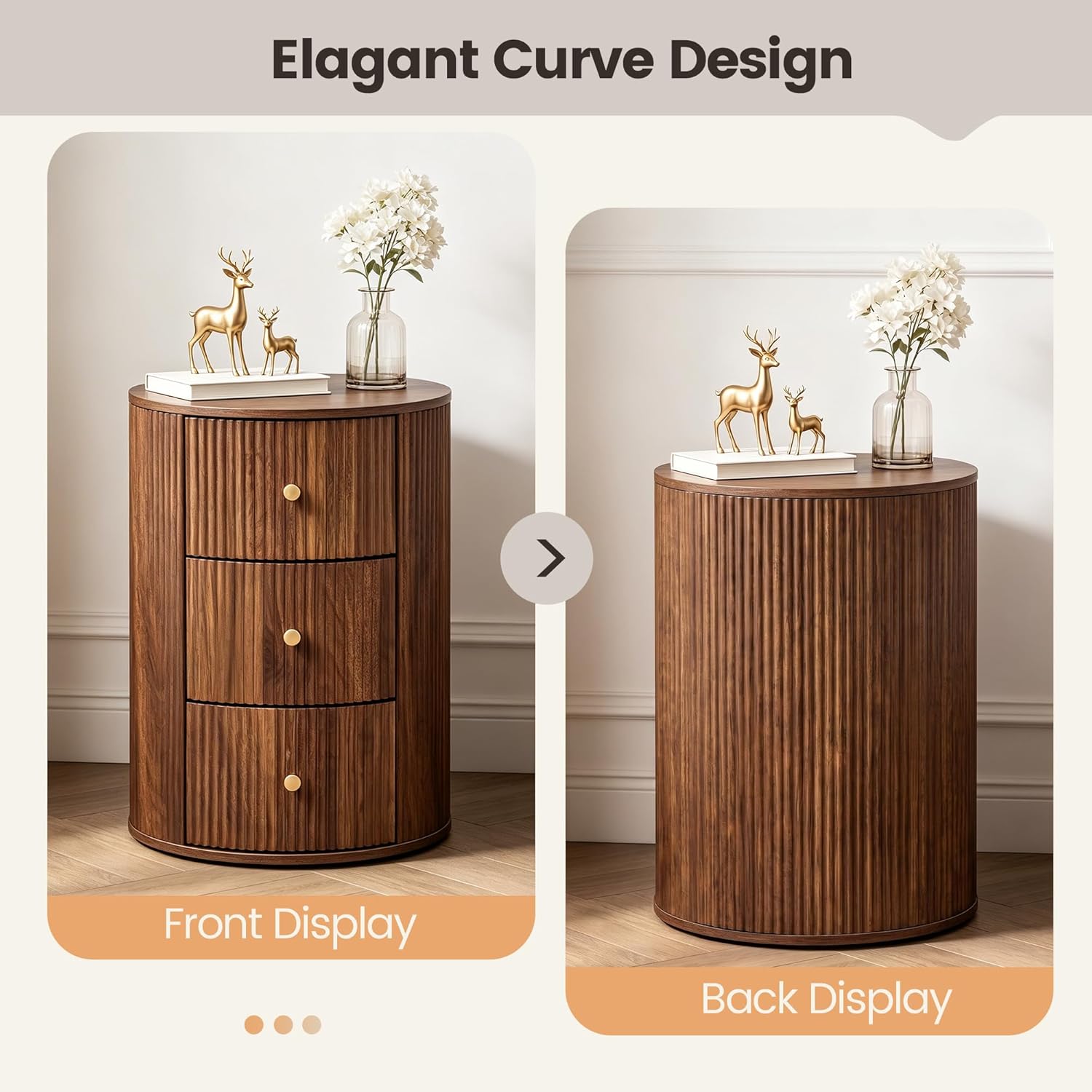 FurSch Fully Assembled Round End Table, Fluted Mid Century Side Table with 3 Storage Drawers for Living Room, Bedroom, Couch (Walnut-2 pcs)