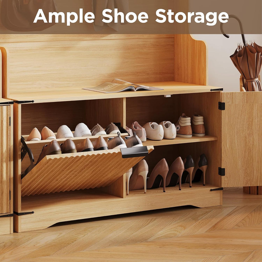 Maupvit 5-in-1 Entryway Hall Tree with Bench and Shoe Storage, Oak | Modern Coat Rack with Fluted Shoe Bench,LED Sensor Light, Adjustable Shelves & Flip Drawers,for Mudroom, Hallway, Living Room