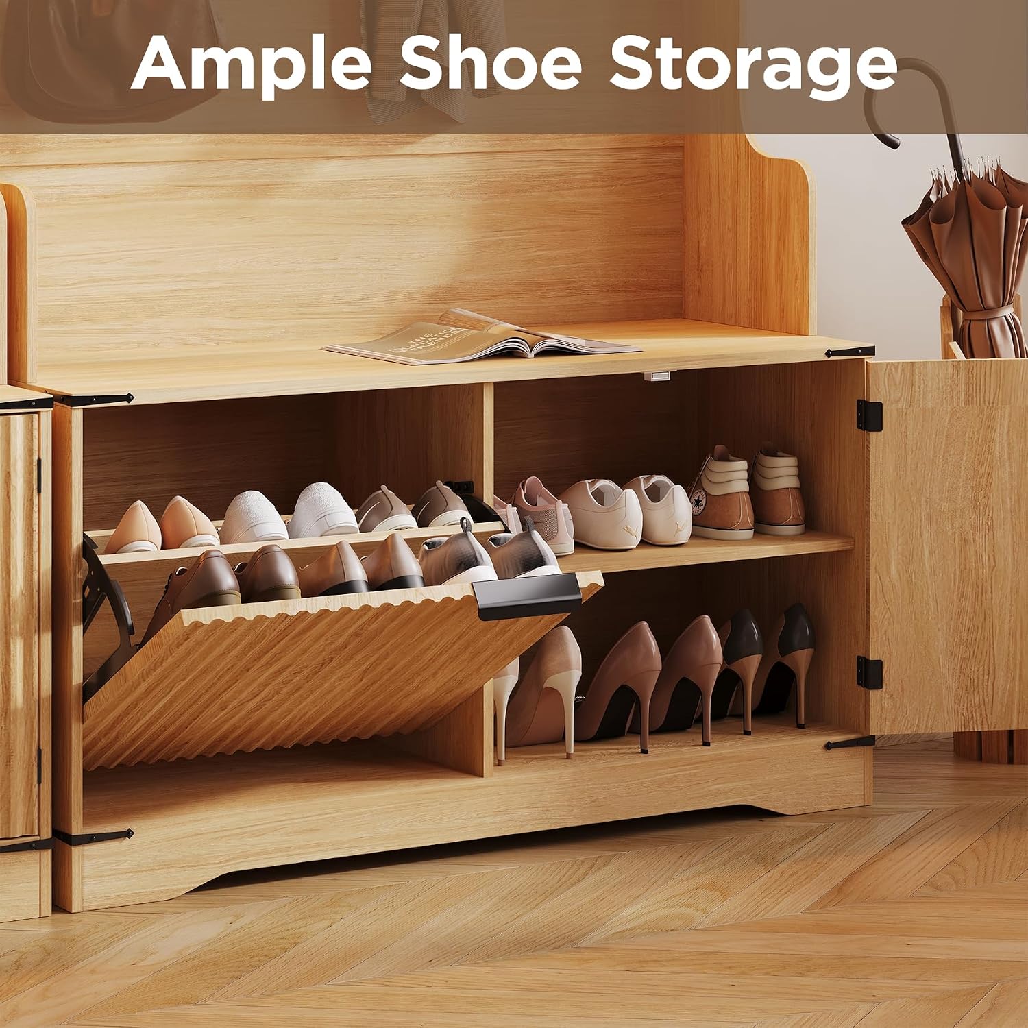 Maupvit 5-in-1 Entryway Hall Tree with Bench and Shoe Storage, Oak | Modern Coat Rack with Fluted Shoe Bench,LED Sensor Light, Adjustable Shelves & Flip Drawers,for Mudroom, Hallway, Living Room