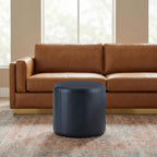 Studio Living® 19” Wentworth Ottoman Round Faux Leather Bench, Stationary Ottomans, Backless Chair, Footrest for Living Room, Footstool Office, Bedroom, Padded Seat, Navy Blue
